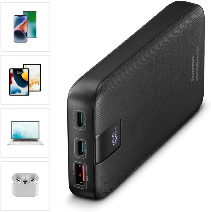 Hama Powerbank PD 10 10000mAh (externer Akku mit 2X USB C + 1x USB A, Power Pack Zertifiziert, Schne