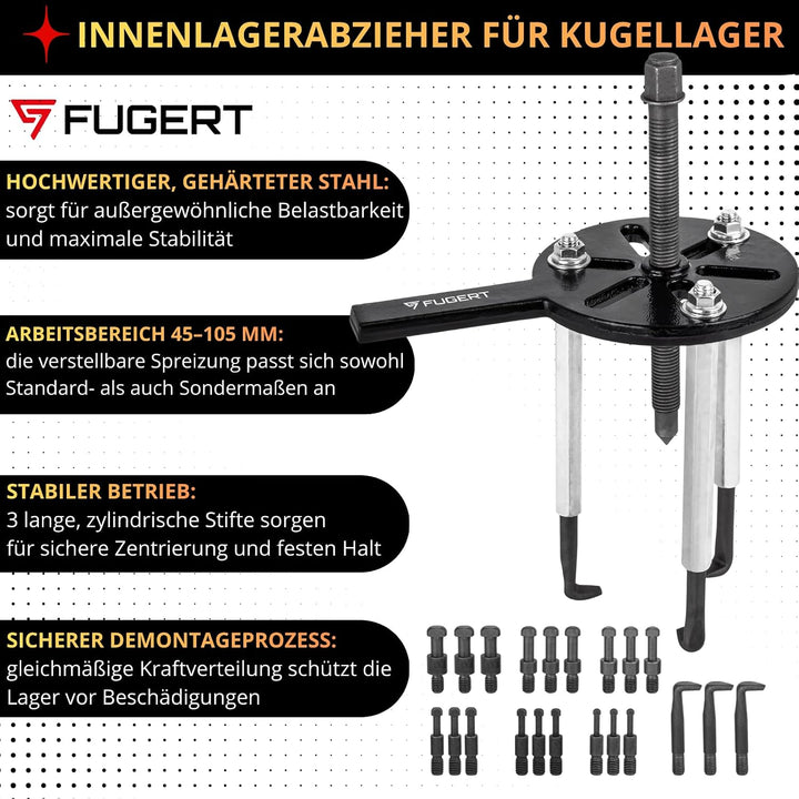 Innenlager Abzieher | Lagerabzieher Set 45–105 mm | Dreibein Kugellager Abzieher aus gehärtetem Stah