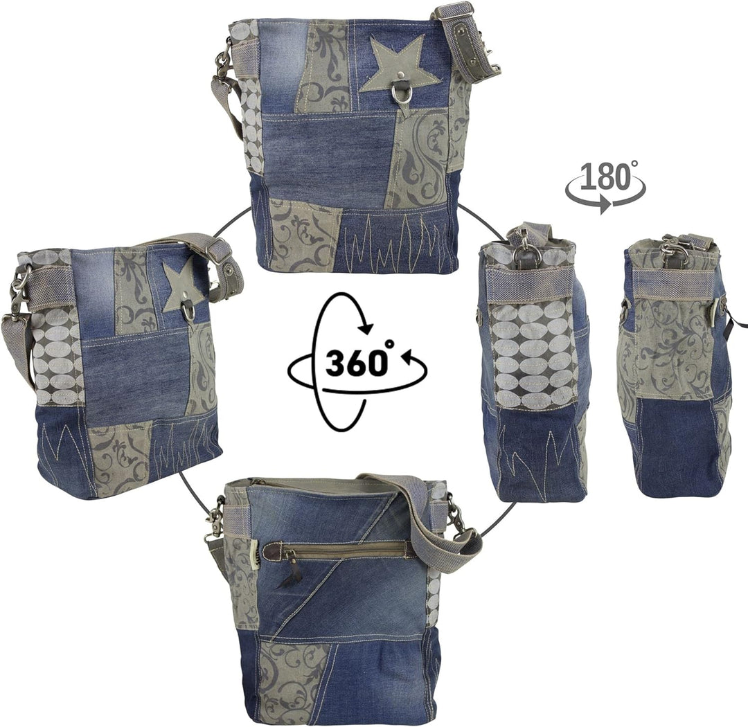 Sunsa Damen Blaue Umhängetasche. Grosse Canvas Schultertasche. Crossbody Bag aus recycelte Jeans. Na