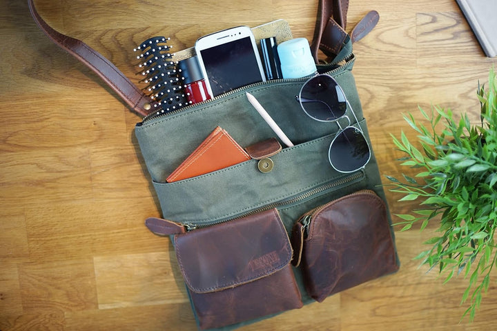 LECONI Umhängetasche Canvas &amp; Leder kleine Schultertasche Handtasche Damen + Herren Vintage Retro St