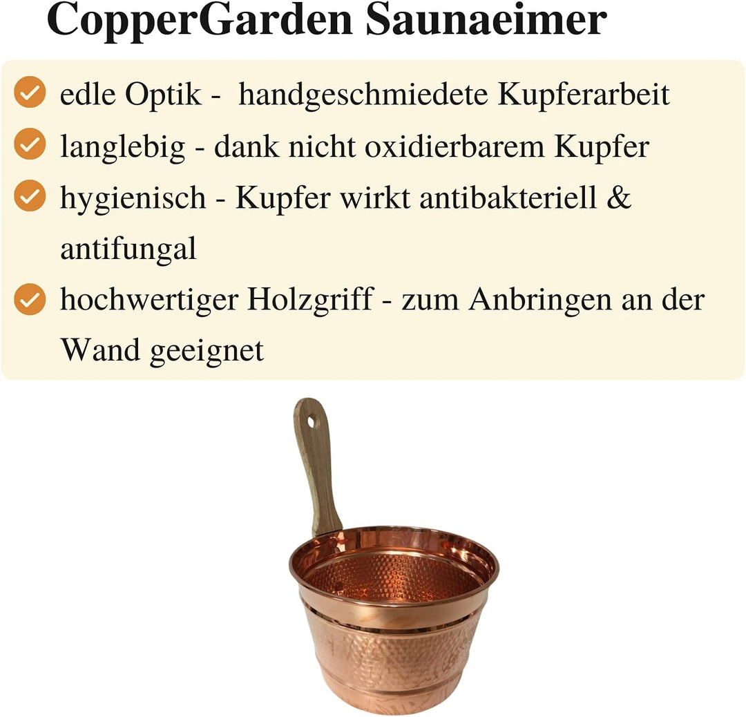 CopperGarden Saunaeimer aus blankem Kupfer I Schwalleimer mit Wandhalterung aus Holz I Handgeschmied