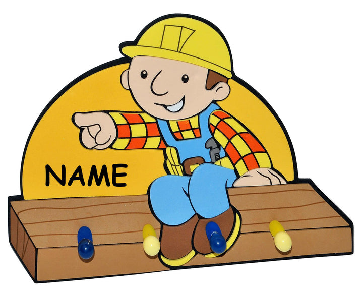alles-meine.de GmbH 3-D Garderobe - Bob der Baumeister incl. Namen - mit 4 Kleiderhaken Moosgummi -