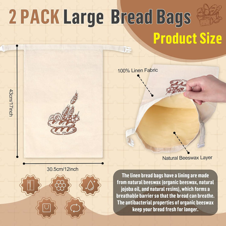 2 Stück 44 * 32,5cm Brotbeutel mit Bienenwachstuch Innenfutter Wiederverwendbare Brottüten Brot Obst