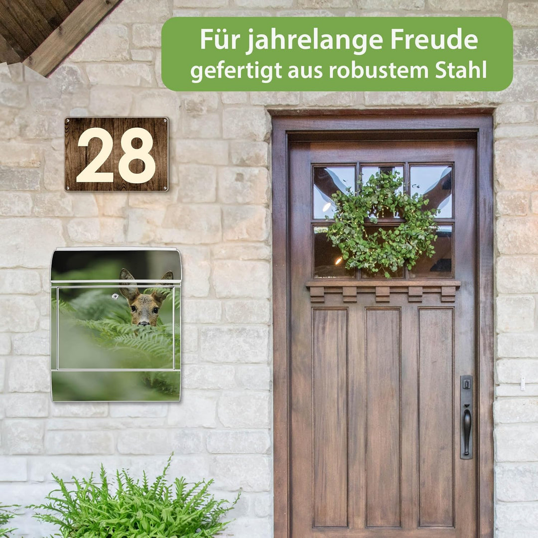 banjado® Design Briefkasten mit Motiv REH 39x47x14cm &amp; 2 Schlüssel - Briefkasten Stahl weiss mit Zei