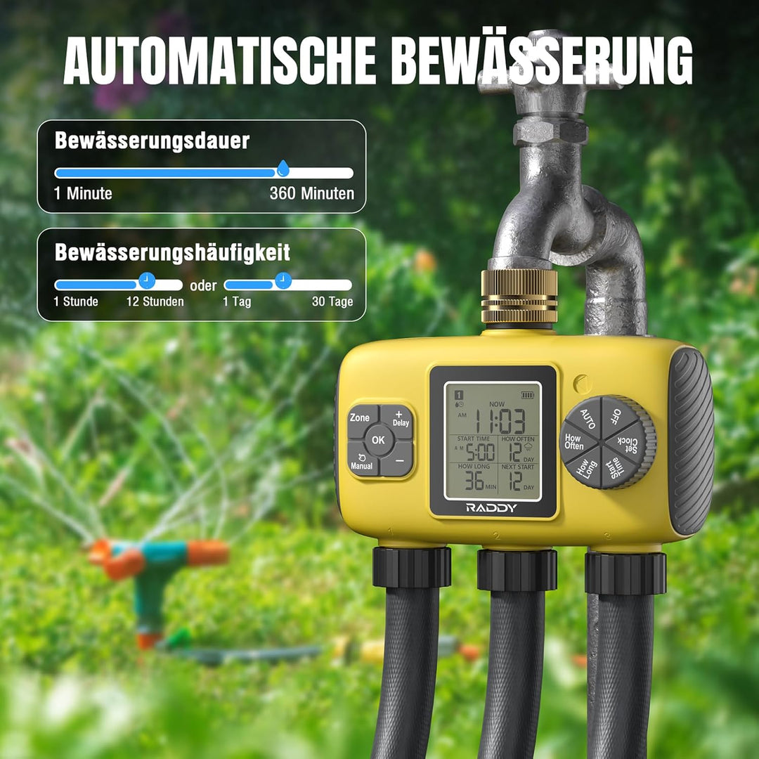 Raddy WS-8 Bewässerungscomputer 3 Ausgänge, Automatische Bewässerung Zeitschaltuhr mit manueller Bew