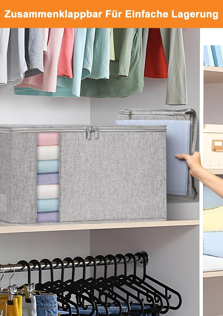 60L Grosse Kleidung Aufbewahrungsbox Stoff mit Reissverschlüssen, Seiten- und Bodenschutz, 2er-Pack