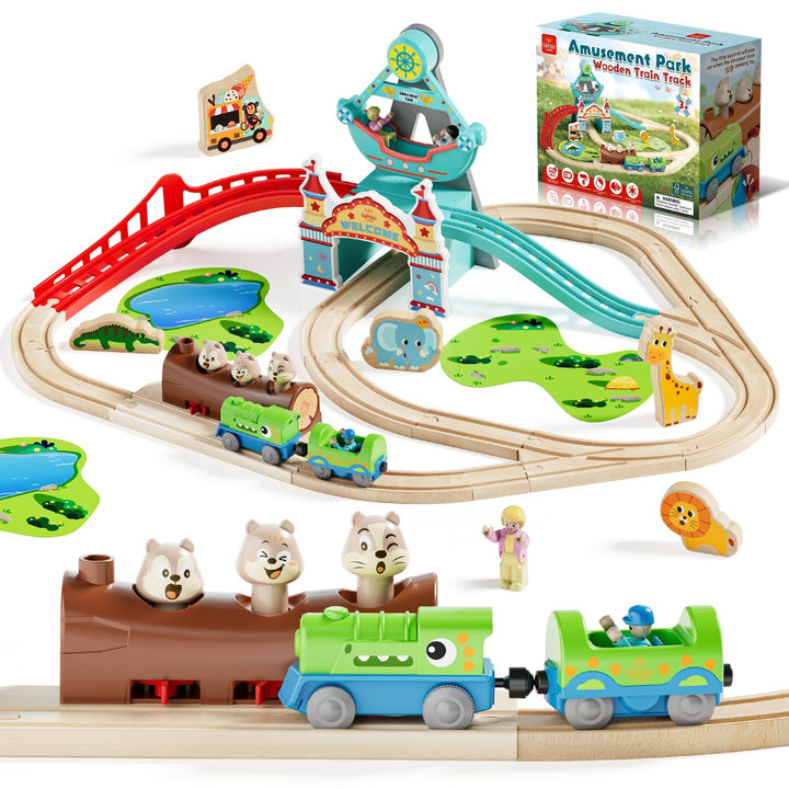 Lehoo Castle Holzeisenbahn mit Elektrischer Lok Dinosaurier, Freizeitpark Holz Eisenbahn Kinder, Hol
