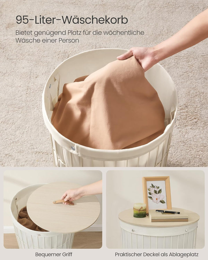 SONGMICS Wäschekorb mit Deckel, Wäschesammler rund, 95 L, vielseitig, herausnehmbarer Wäschesack, gr