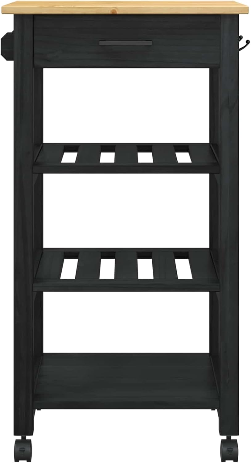 vidaXL Küchentrolley MONZA Schwarz 48 x 40 x 88,5 cm Massivholz Kiefer, Moderner Küchenwagen, erweit