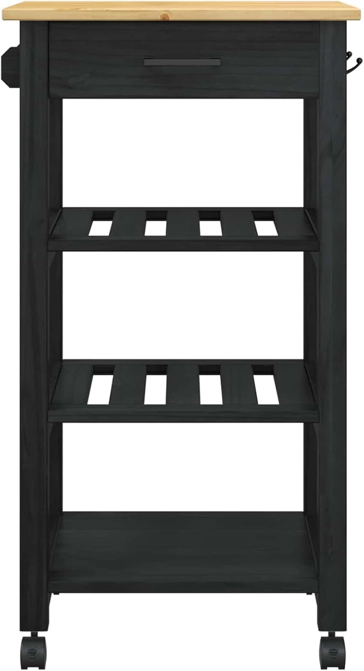vidaXL Küchentrolley MONZA Schwarz 48 x 40 x 88,5 cm Massivholz Kiefer, Moderner Küchenwagen, erweit