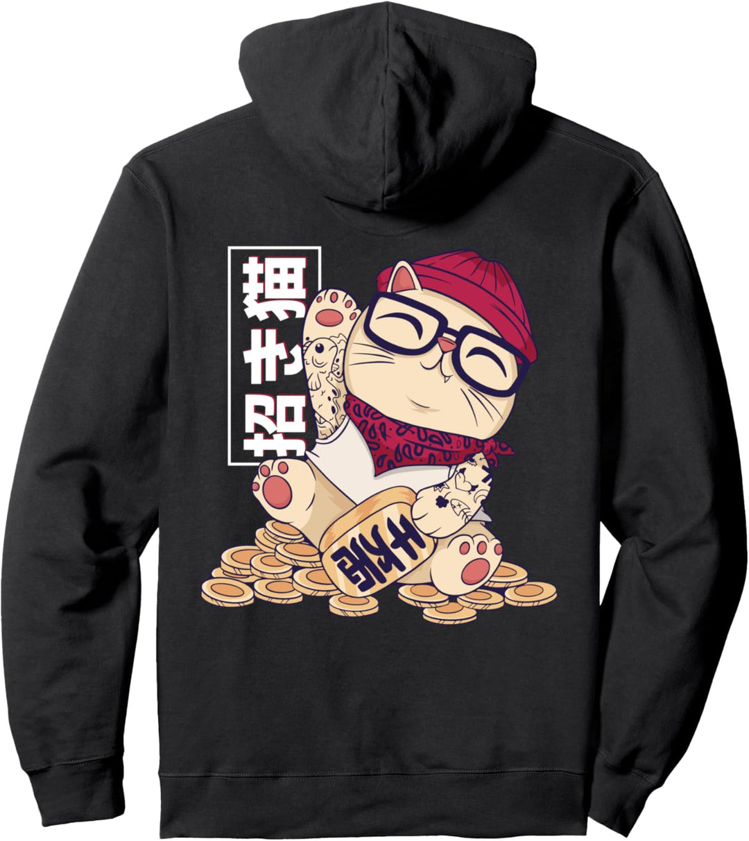 MANEKI NEKO Japanisch Katze Winkekatze die auf Münzen sitzt Pullover Hoodie
