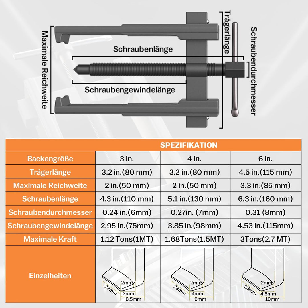 3 Stück Zweibacken Lagerabzieher Satz 3" 4" 6" 20-85mm, 2 Arme Kugellager Abzieher Zahnradlager, Spe