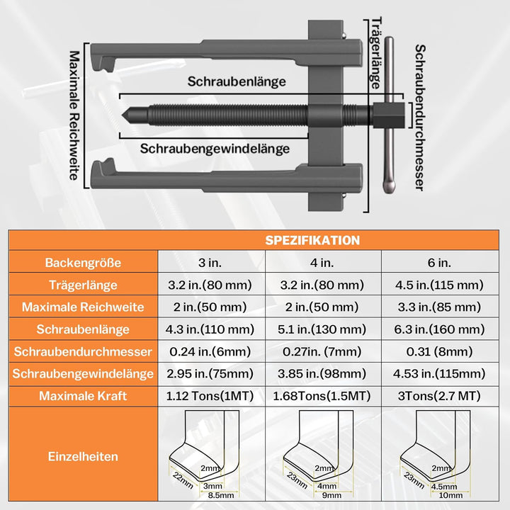 3 Stück Zweibacken Lagerabzieher Satz 3" 4" 6" 20-85mm, 2 Arme Kugellager Abzieher Zahnradlager, Spe