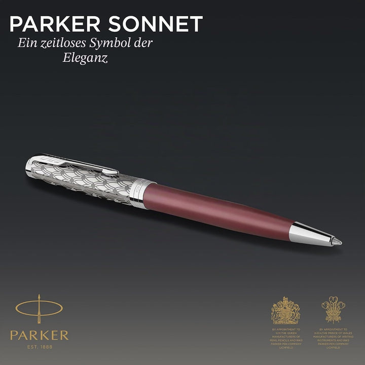 PARKER Sonnet Kugelschreiber | Premium Metal & Red Satinierung mit Chromverkleidung | Medium Spitze