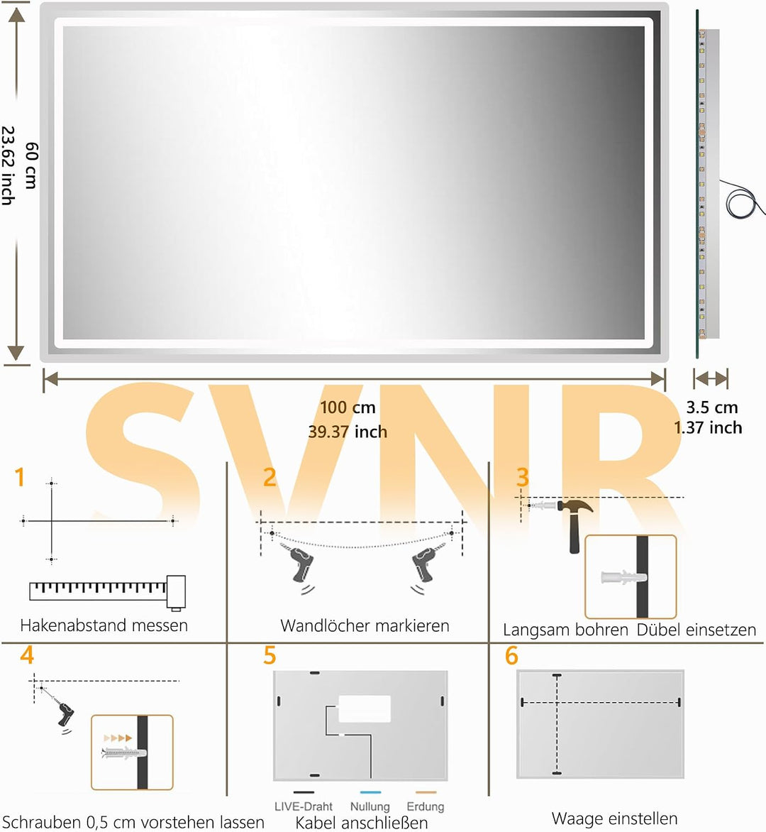 SVNR Badezimmer Spiegel 120x60cm | Spiegel Bad mit Beleuchtung, 3-Tasten-Touchbedienung, 3 Lichtfarb