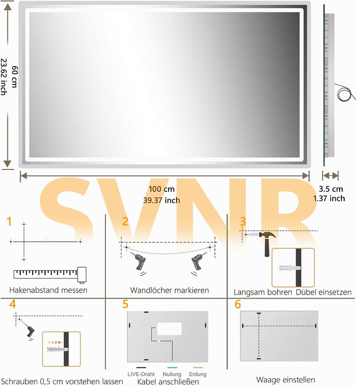 SVNR Badezimmer Spiegel 120x60cm | Spiegel Bad mit Beleuchtung, 3-Tasten-Touchbedienung, 3 Lichtfarb