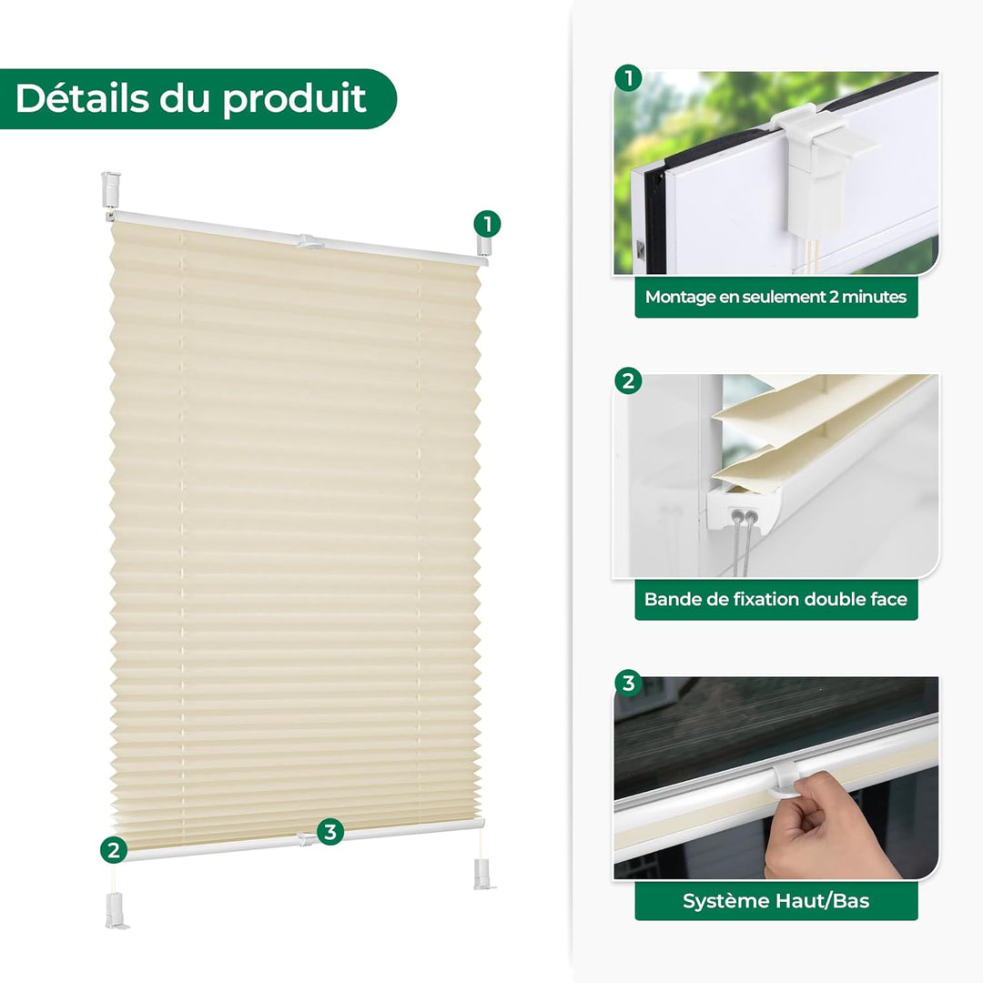 Allesin Plissee ohne Bohren Plissees Klemmfix, Beige 80 x 40cm (L x B), Plisseerollo Faltrollo mit K