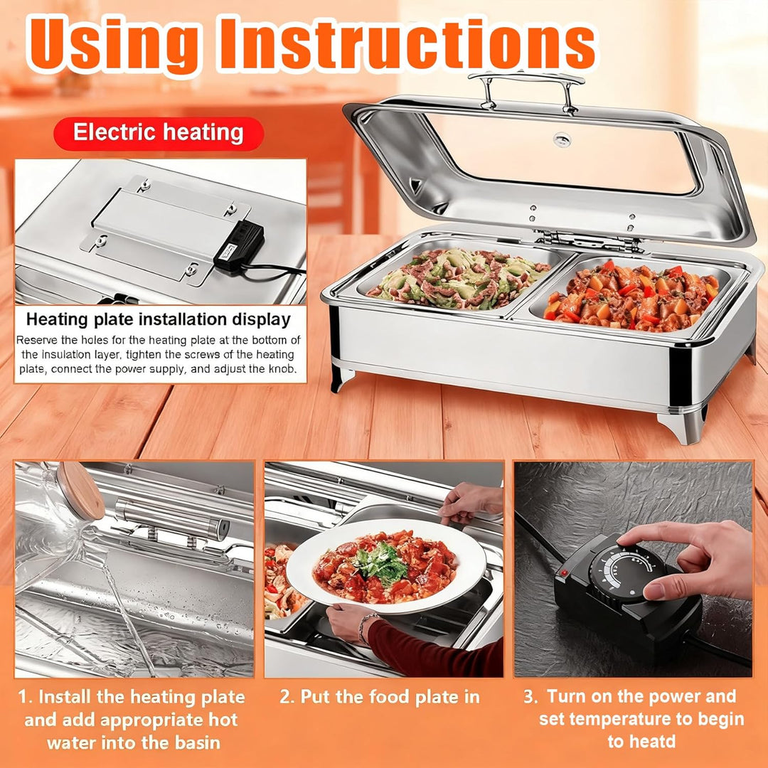 Chafing Dish Elektrisch, 9L Edelstahl Warmhaltebehälter Essen Elektrisch mit Glasdeckel, Speisewärme