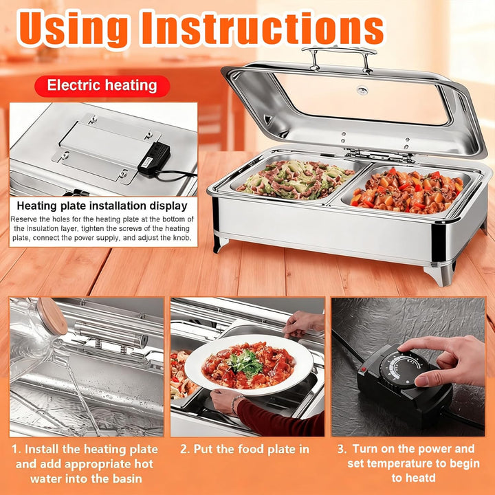 Chafing Dish Elektrisch, 9L Edelstahl Warmhaltebehälter Essen Elektrisch mit Glasdeckel, Speisewärme