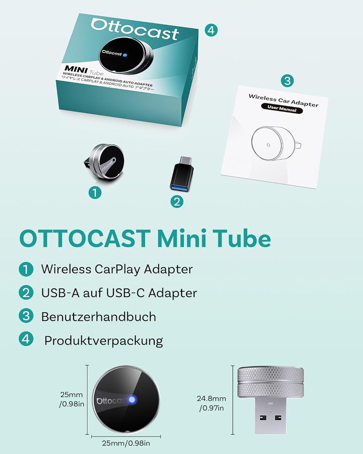 2026 Ottocast Mini Tube Wireless CarPlay & Android Auto Adapter, Kabelgebunden zu Kabellos, Plug & P