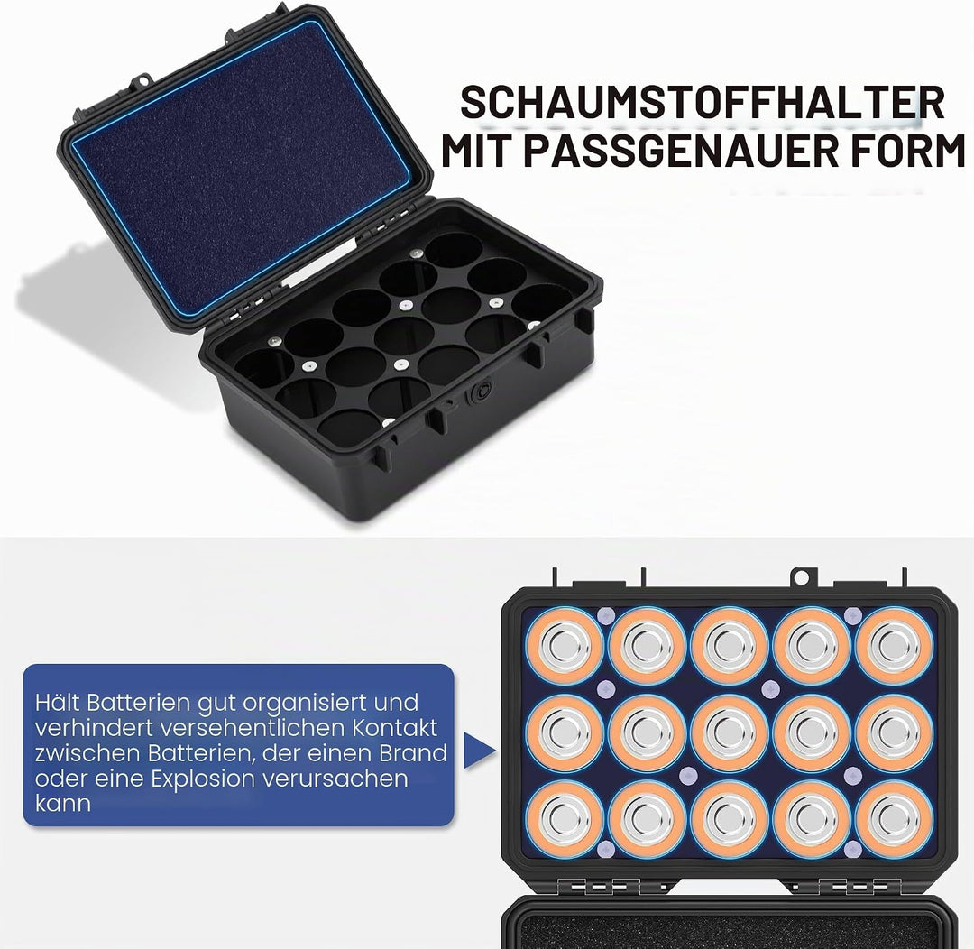 KIWIFOTOS Batterie-Organizer mit 15 Steckplätzen, Typ D, robust, IP67, wasserdicht, LR20/D/AM1 Zelle