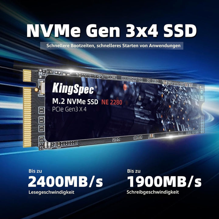 KingSpec SSD 512GB M.2 NVMe PCIE Gen 3x4, Bis zu 2400MB/s, Internes Solid State Drive mit 3D NAND Fl