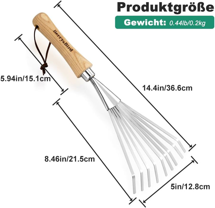 Berry&Bird Hand-Fächerbesen 36,6 cm - Handrechen mit Stiel aus Eschenholz, Gartenwerkzeug mit 9 Flac