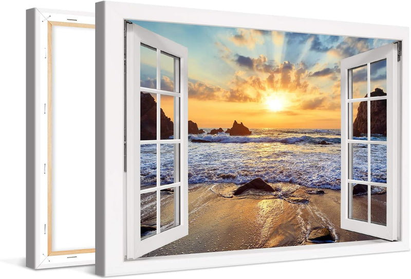 PICANOVA – Bild auf Leinwand Felsiger Strand Sonnenuntergang Fenster 60x40cm – Leinwandbild – Premiu