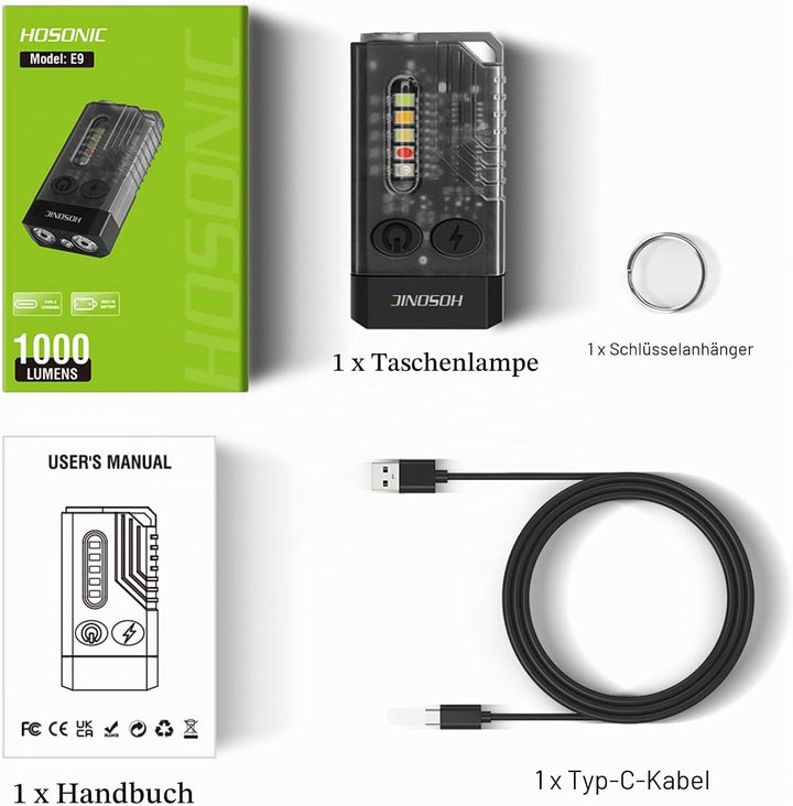 HOSONIC E9 Mini Taschenlampe LED Aufladbar 1000 Lumens, 365nm UV Klein Taschenlampen SchlüSselanhäNg