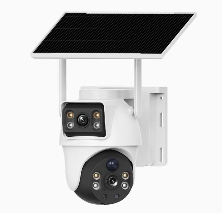 XIAOVV 2K Solarbetriebene Aussenüberwachungskamera mit Zwei Objektiven,360° Panoramaüberblick, Schut