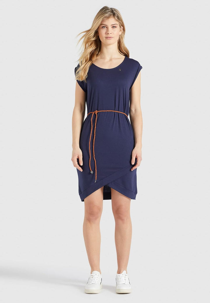 khujo Damen Kleid CAJSA Slim Fit kurz weich Jersey Mini Kunstledergürtel Eingrifftaschen