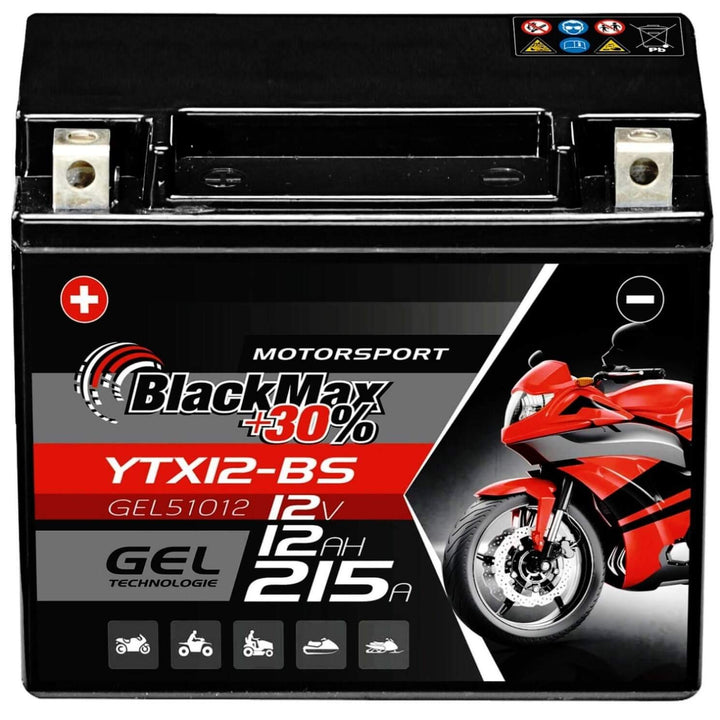 BlackMax YTX12-BS Motorradbatterie GEL 12V 12Ah CTX12-BS Batterie 51012 Quad 12Ah - 215A - YTX12-BS,