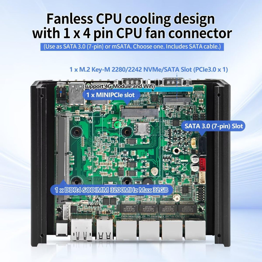 Lüfterlos Mini PC N150 Firewall Appliance Industrial Micro Büro, 4 x 2.5Gbit LAN + 2 RS232 Com, 8GB