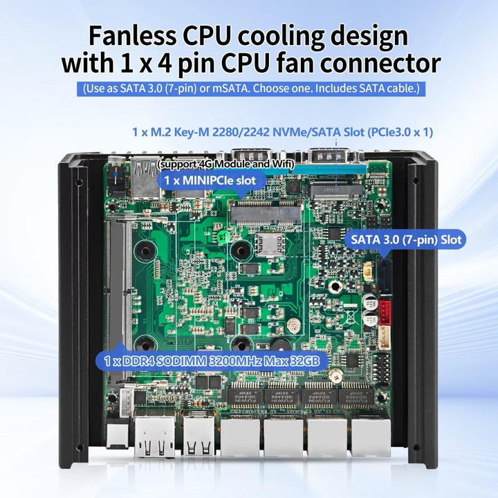 Lüfterlos Mini PC N150 Firewall Appliance Industrial Micro Büro, 4 x 2.5Gbit LAN + 2 RS232 Com, 8GB