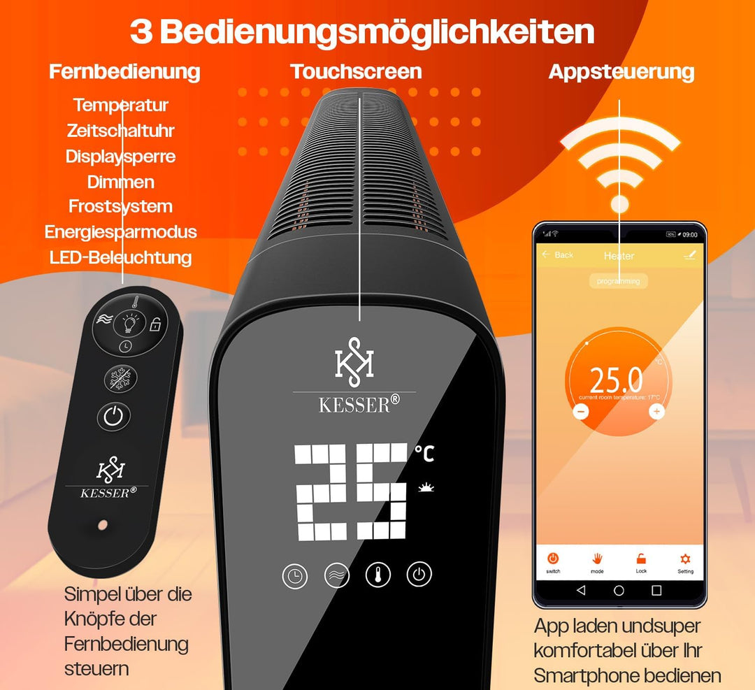 KESSER® Konvektor Premium 1200W ECO 2400W Power Mode Heizstufen Thermostat Elektroheizung WiFi App &
