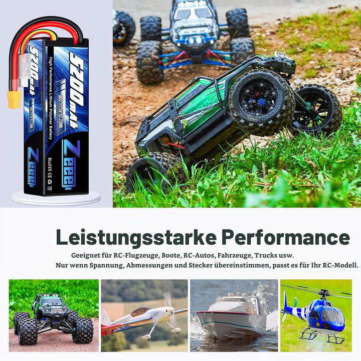 Zeee 3S Lipo Akku 5200mAh 11.1V 80C RC Akku Hartschalen mit XT60 Stecker für RC Auto LKW Tank Boot R