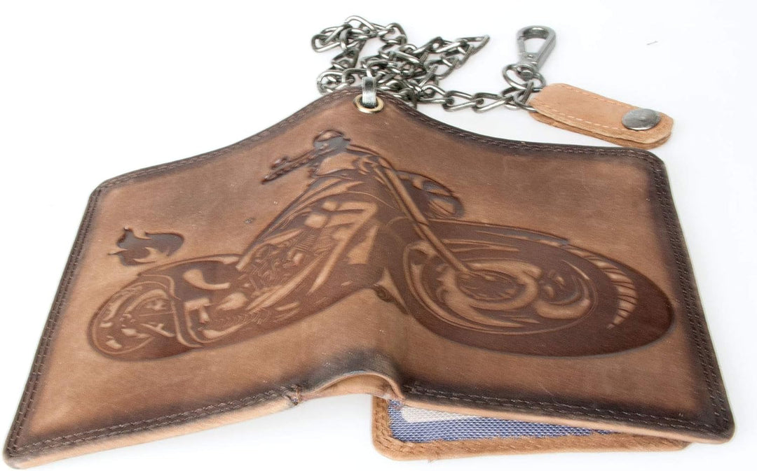 Grau Biker Naturleder Geldbörse mit einem Motorrad und mit Einer Metallkette