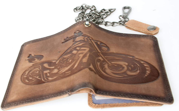 Grau Biker Naturleder Geldbörse mit einem Motorrad und mit Einer Metallkette
