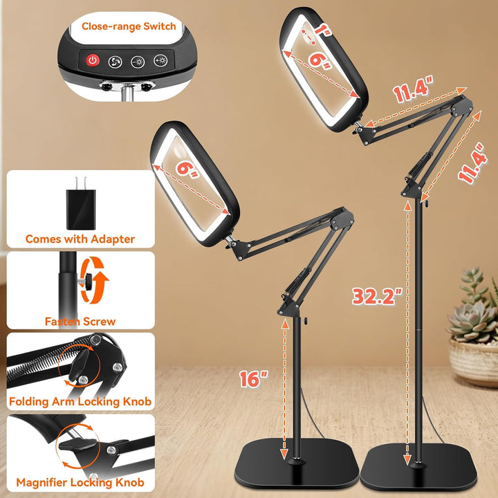 NZQXJXZ 10X 30X Rechteckige Lupe mit Licht und Ständer, Grosse Lupenlampe | 3 Farbmodi, 10 einstellb