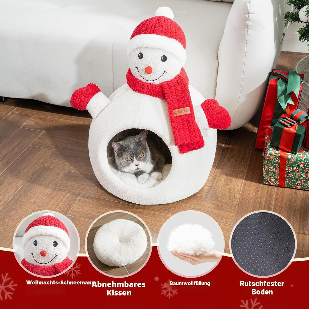 CATISM Weihnachten Katzenhöhle - 42 x 42 x 55 cm Katzenbett für Indoor-Katzen, Niedliche Schneemann