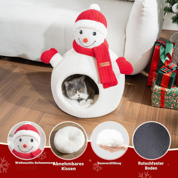 CATISM Weihnachten Katzenhöhle - 42 x 42 x 55 cm Katzenbett für Indoor-Katzen, Niedliche Schneemann