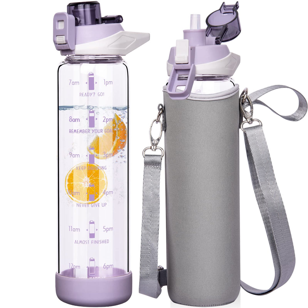 Seekua 1l Sport Trinkflasche Glas Flasche mit Strohhalm &amp; Zeitmarkierung auslaufsicher bpa frei 1 li