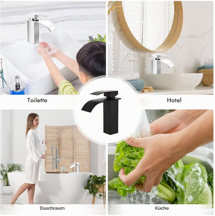 Touch-On Wasserhahn Bad Schwarz - Mattierte Wasserfall-Armatur mit Fingerprint-Schutz | Einhebelmisc