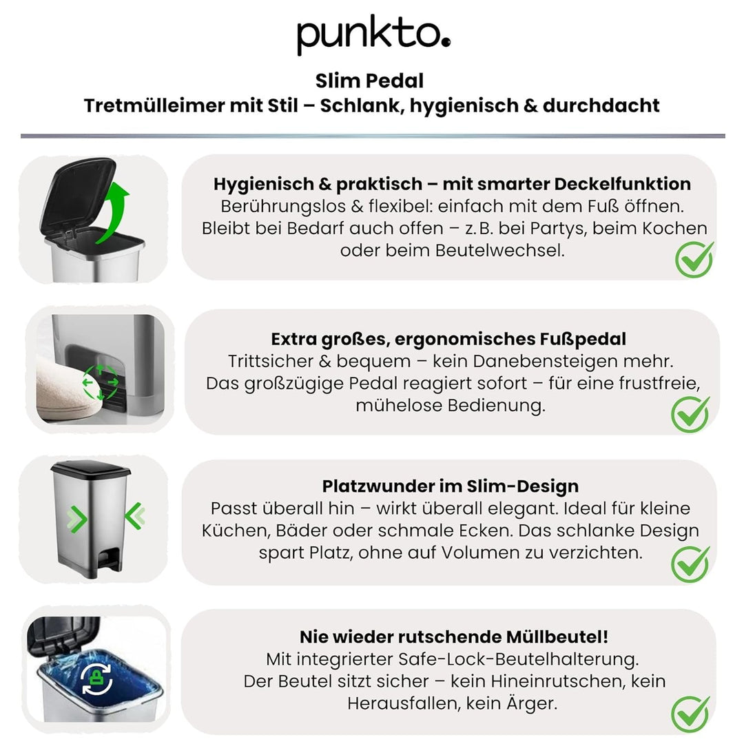 15L Tretmülleimer mit Deckel – Slim Design, BPA-frei – Abfalleimer mit Fusspedal &amp; Beutelhalterung –