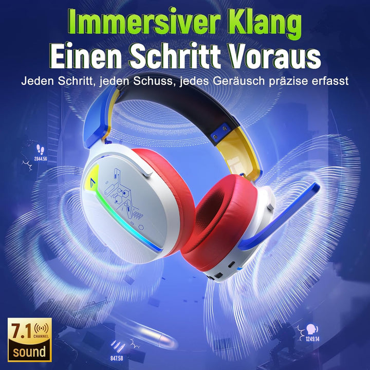 Gaming Headset Wireless, Headset mit Mikrofon für ps5 ps4, PC, Switch, Bluetooth 5.3, 7.1 Surround S