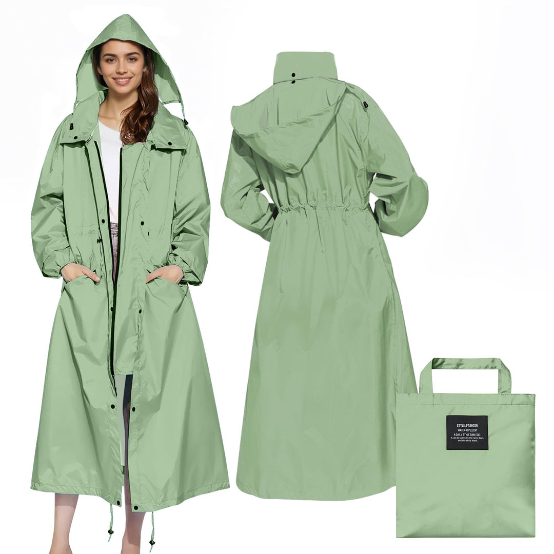 LAMA Stilvoller langer Regenmantel Unisex Regenponcho mit Wasserdichte Pattentasche Kapuze Tunnelzug