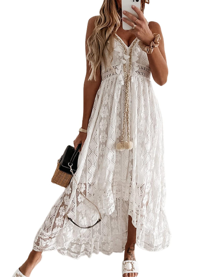 Damen-Maxikleid mit V-Ausschnitt, ärmellos, gestrickt, Spitze, Cutout, Schlinge, Rüschen, offener Rü