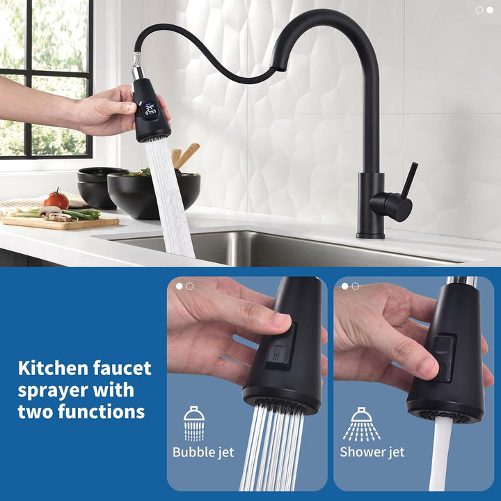 HOMELODY Wasserhahn Küche Schwarz mit LED Temperaturanzeige, Küchenarmatur Ausziehbar, Hochdruck Mis