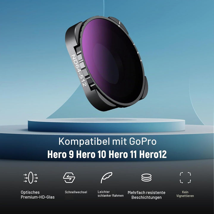NEEWER Variabler ND64-ND512 Filter Kompatibel mit GoPro Hero 13, Hero12, Hero11, Hero10, Hero9, 5-9
