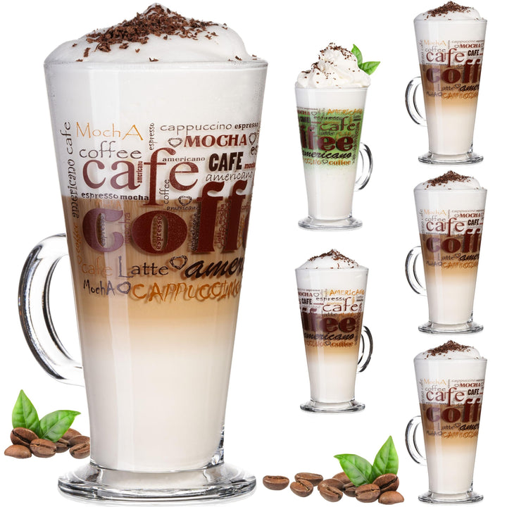PLATINUX Kaffeegläser mit Motiv max. 280ml Set 6-Teilig aus Glas Latte Macchiato Gläser mit Griff Ca
